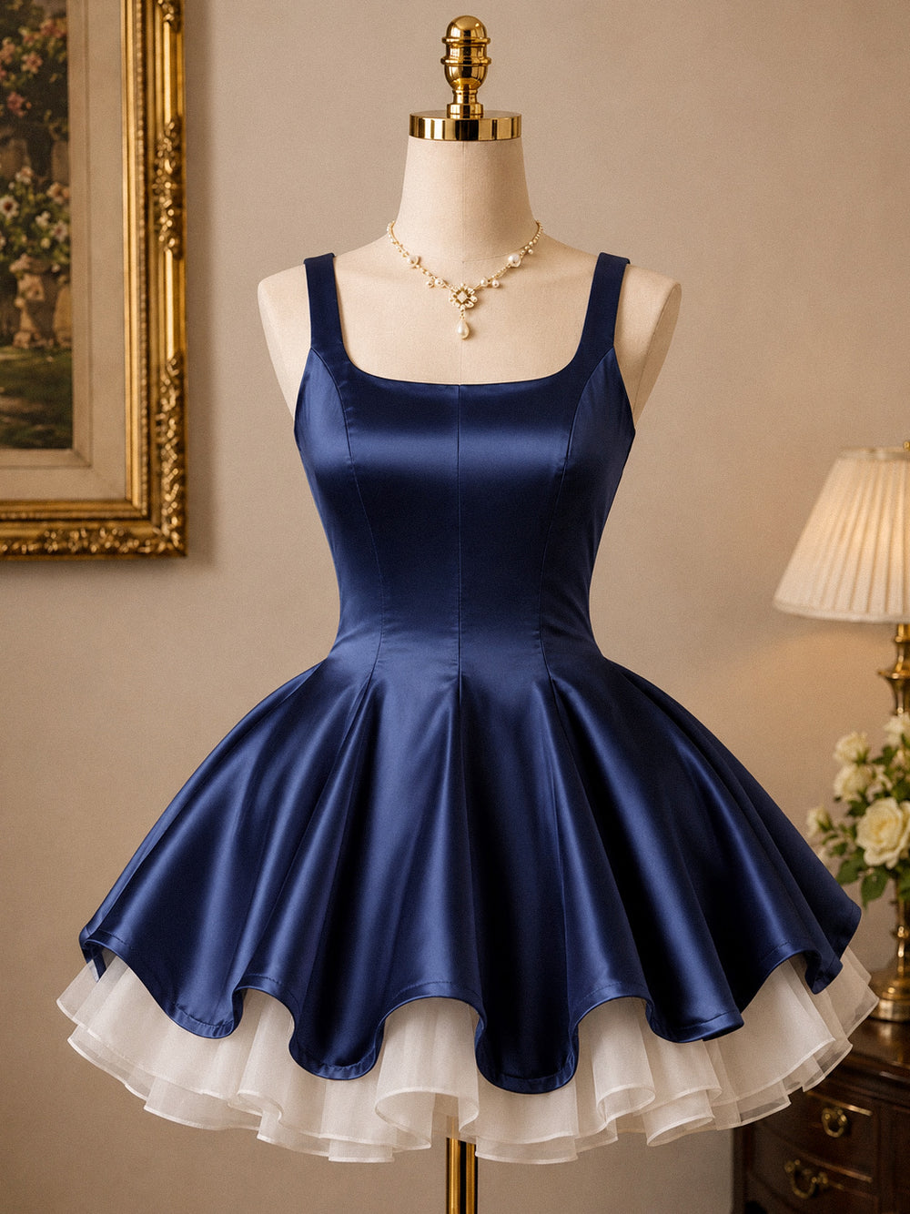 A-line Satin Tulle Mini Short Dark Blue Homecoming Dress
