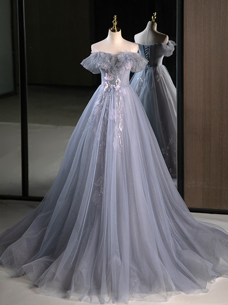 A-Line Off Shoulder Tulle Lace Gray Blue Long Prom Dress, Gray Blue Lo dresstby A-Line Off Shoulder Tulle Lace Gray Blue Long Prom Dress, Gray Blue Lo dresstby