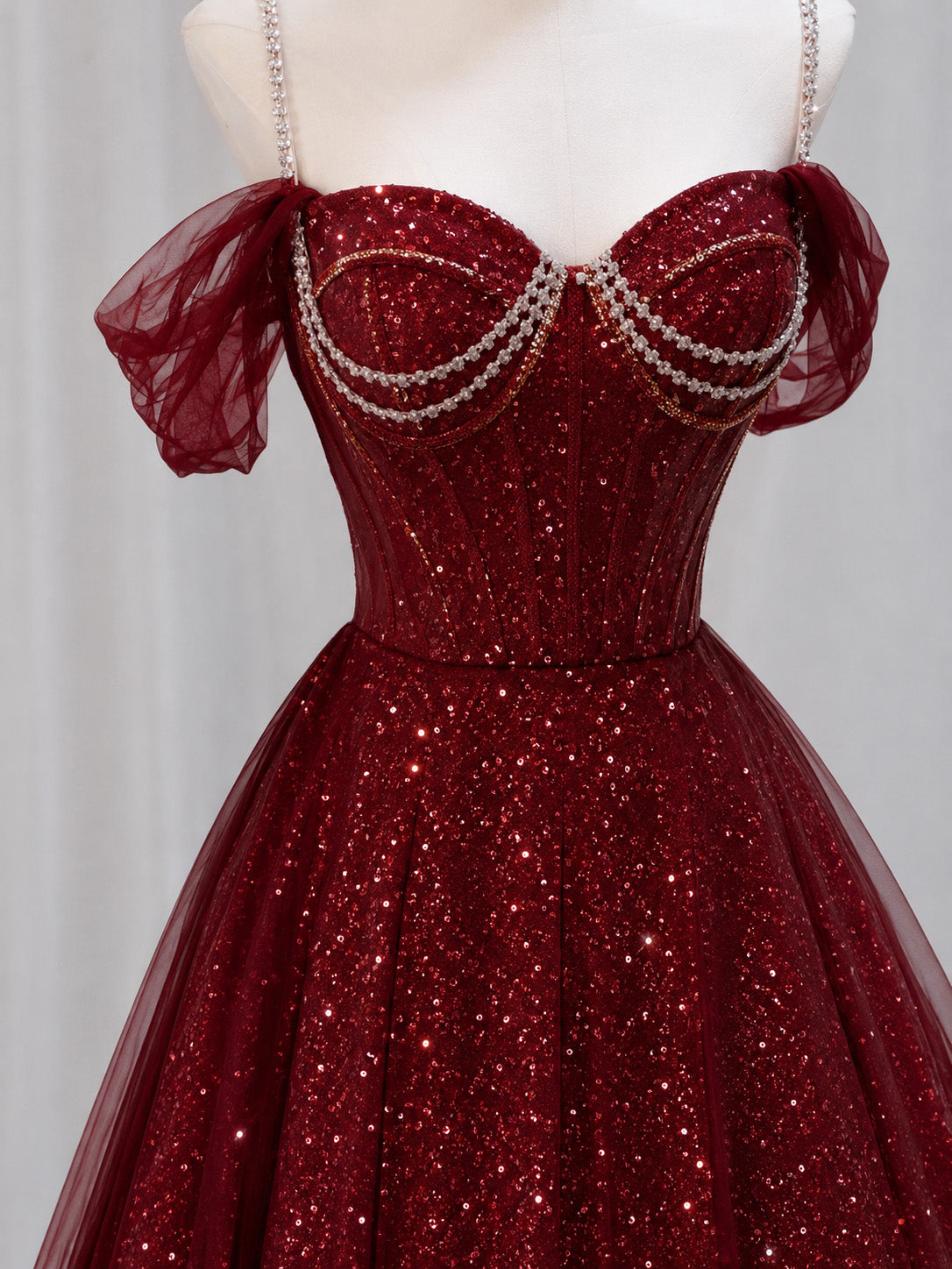 A-line Sweetheart Neck Tulle Sequin Burgundy Long Prom Dress with Beads