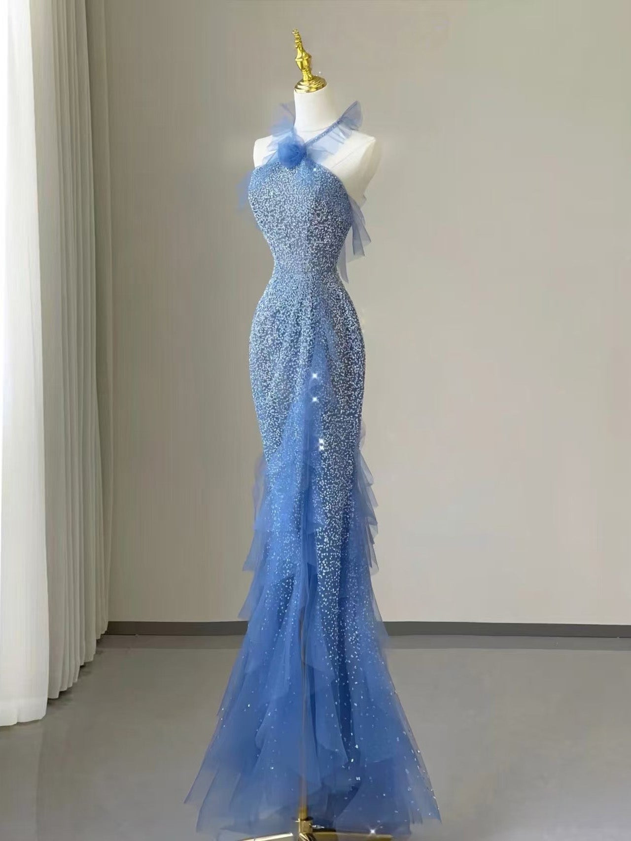 Mermaid Tulle Sequin Floor Length Blue Prom Dress, Blue Evening Dress