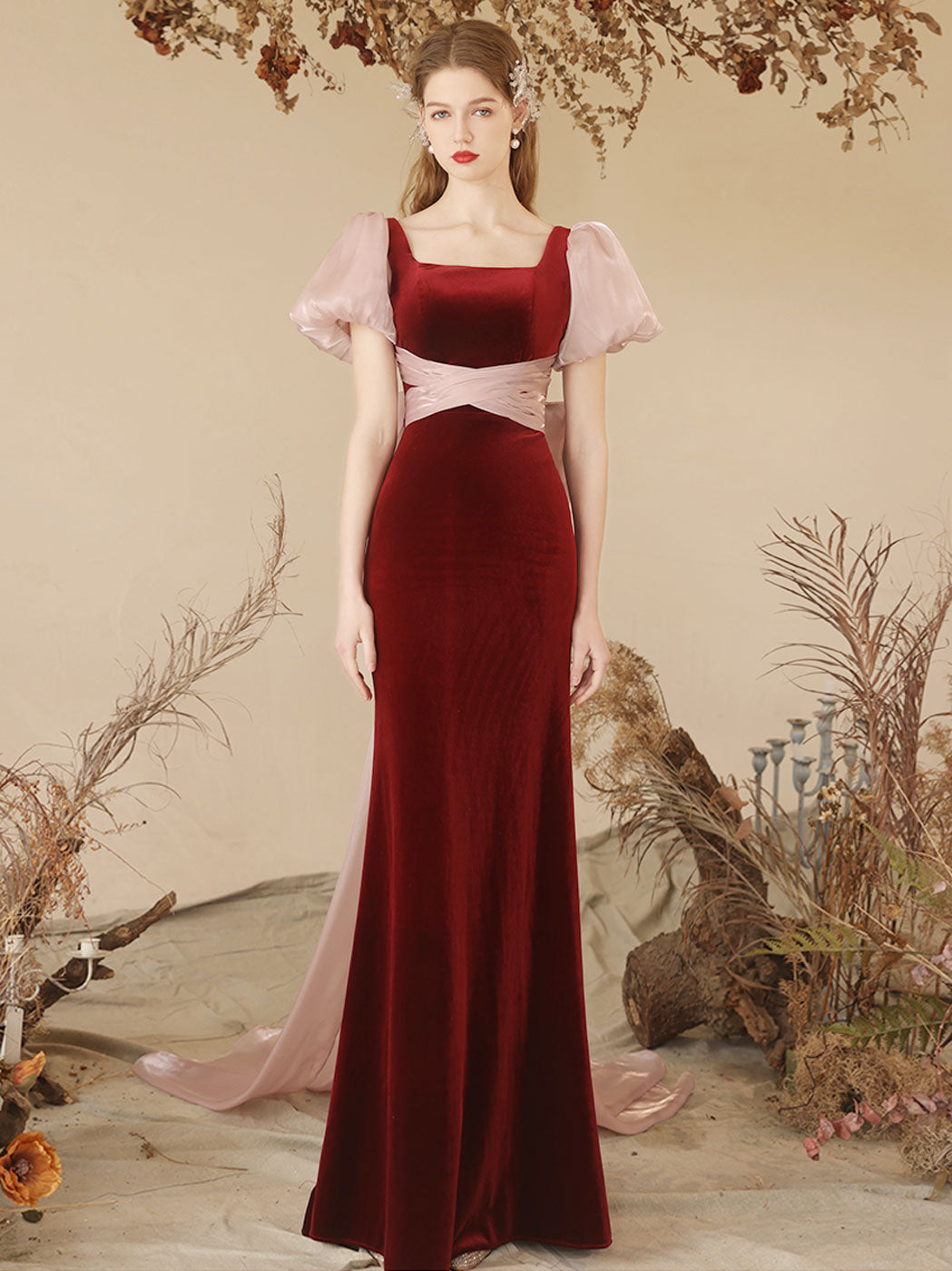 Burgundy Mermaid Velvet Long Prom Dress, Burgundy Formal Dresses
