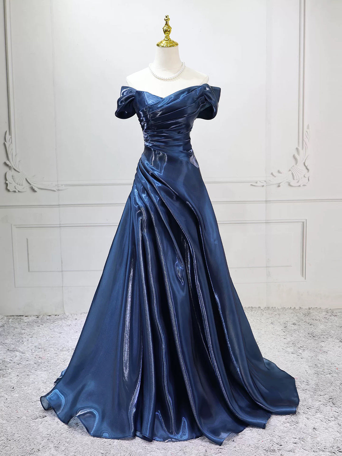 A-line Off Shoulder Dark Blue Long Prom Dress, Blue Party Dress