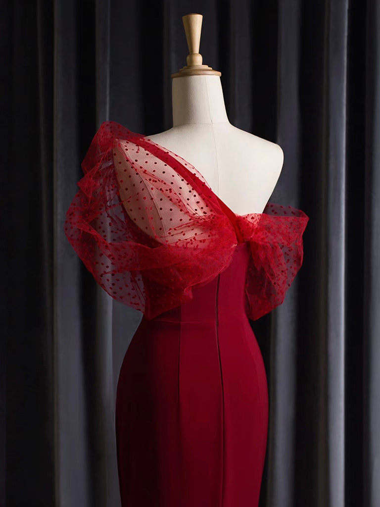 Mermaid One Shoulder Satin Tulle Burgundy Long Prom Dress