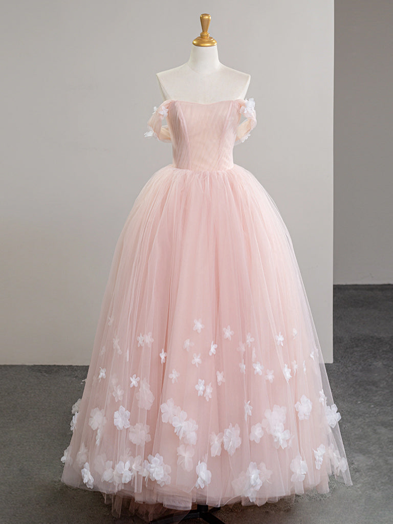 A-line Off Shoulder Tulle 3D Applique Pink Long Prom Dress, Pink Long dresstby A-line Off Shoulder Tulle 3D Applique Pink Long Prom Dress, Pink Long dresstby
