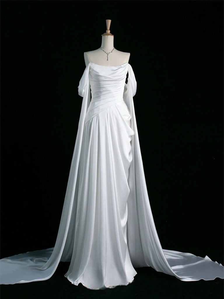 A-Line Off Shoulder Satin White Long Prom Dress, White Long Formal Dress