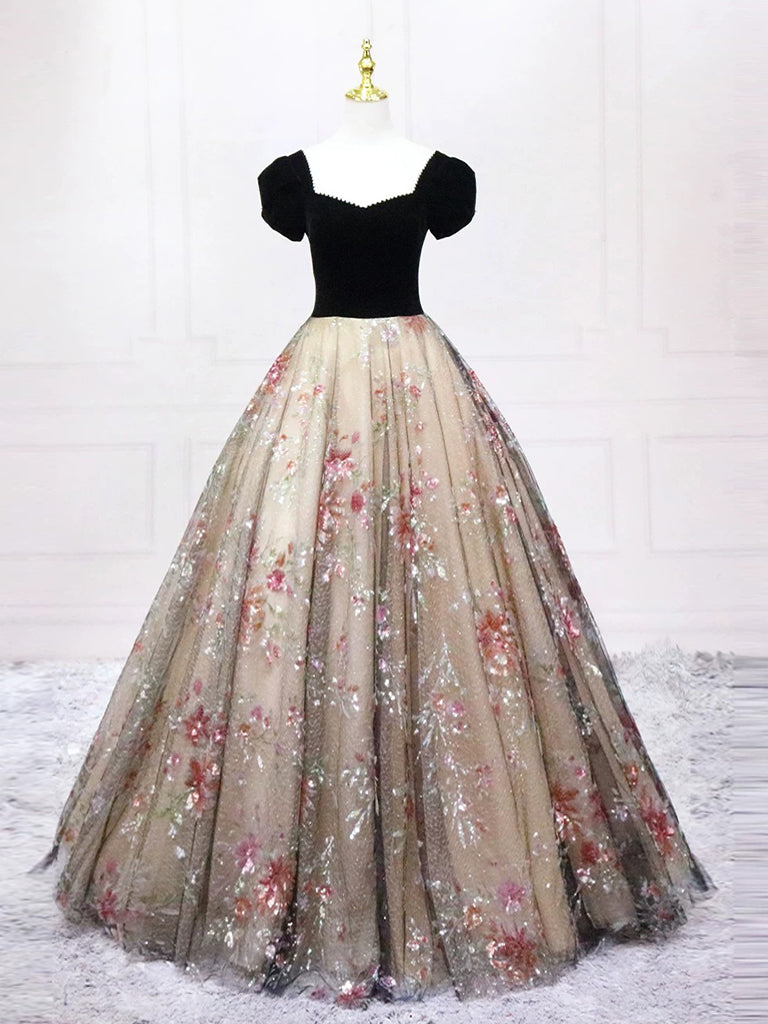 A-Line V Neck Tulle Velvet Black Long Prom Dress, Black Long Formal Dress
