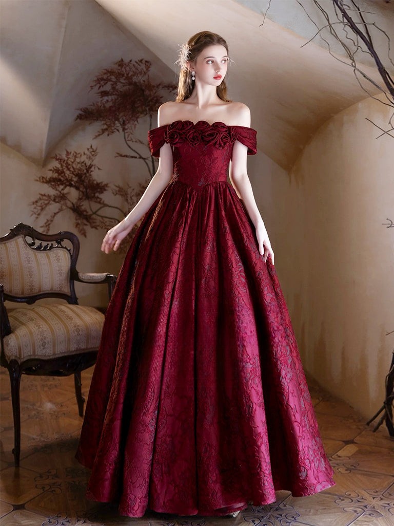 A-Line Off Shoulder Printed Satin Burgundy Long Prom Dress, Burgundy L dresstby A-Line Off Shoulder Printed Satin Burgundy Long Prom Dress, Burgundy L dresstby