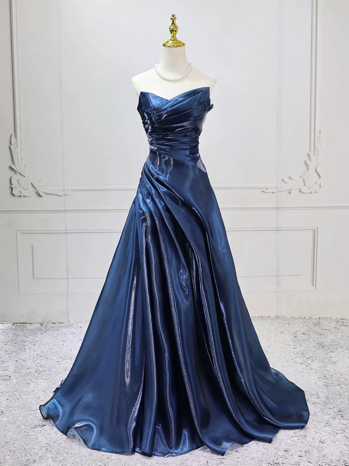 A-line Off Shoulder Dark Blue Long Prom Dress, Blue Party Dress