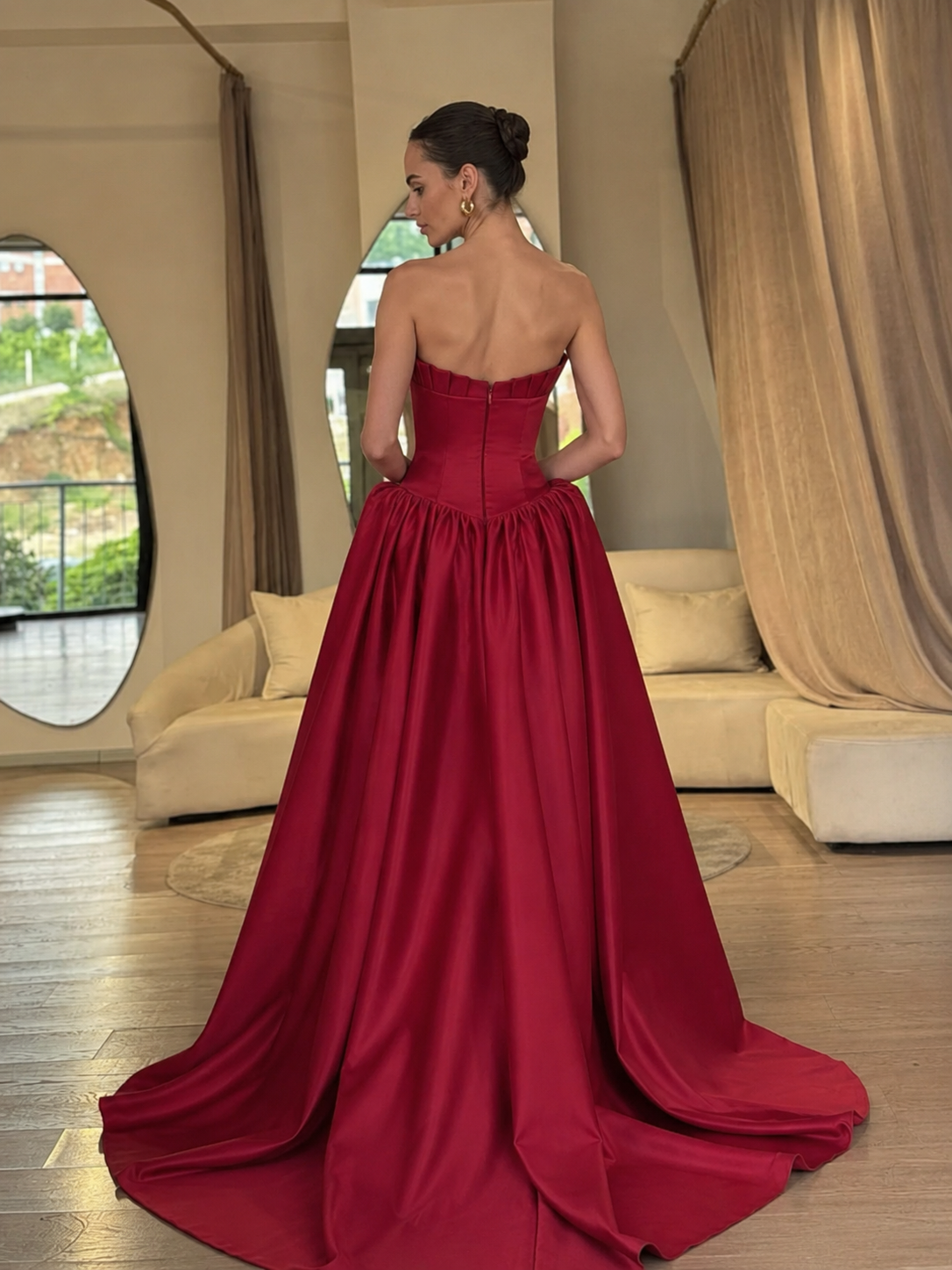 A-line Sweetheart Neck Satin Dark Red Long Prom Dress