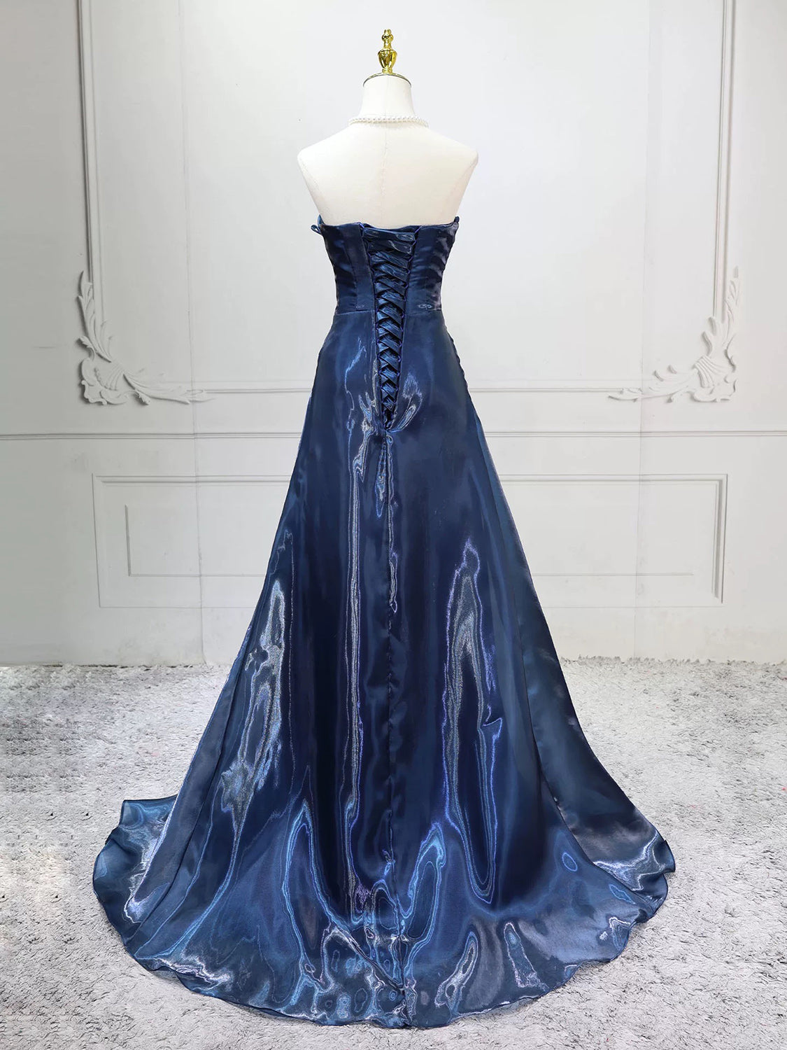 A-line Off Shoulder Dark Blue Long Prom Dress, Blue Party Dress