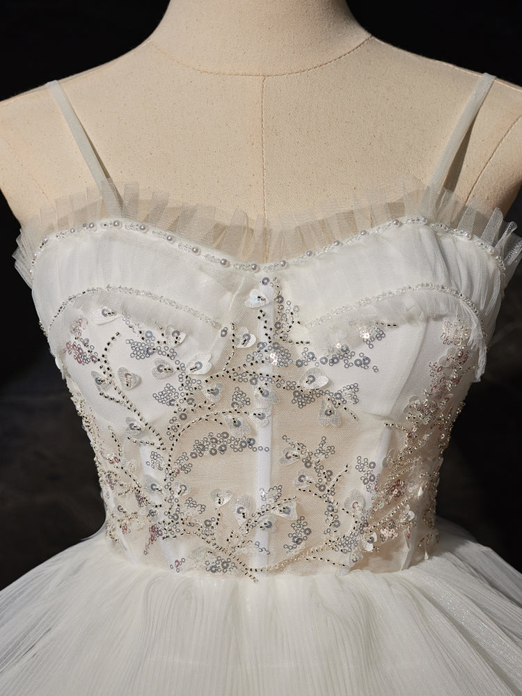 White Sweetheart Neck High Low Prom Dress, Lace Tulle White Graduation Dress