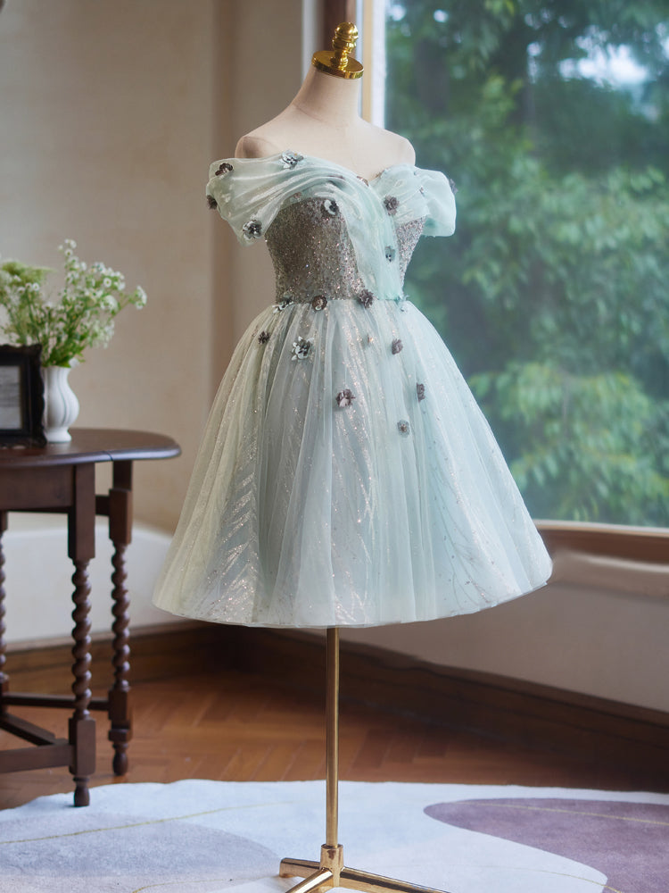 A-Line Off Shoulder Tulle Green Short Prom Dress, Green Homecoming Dress