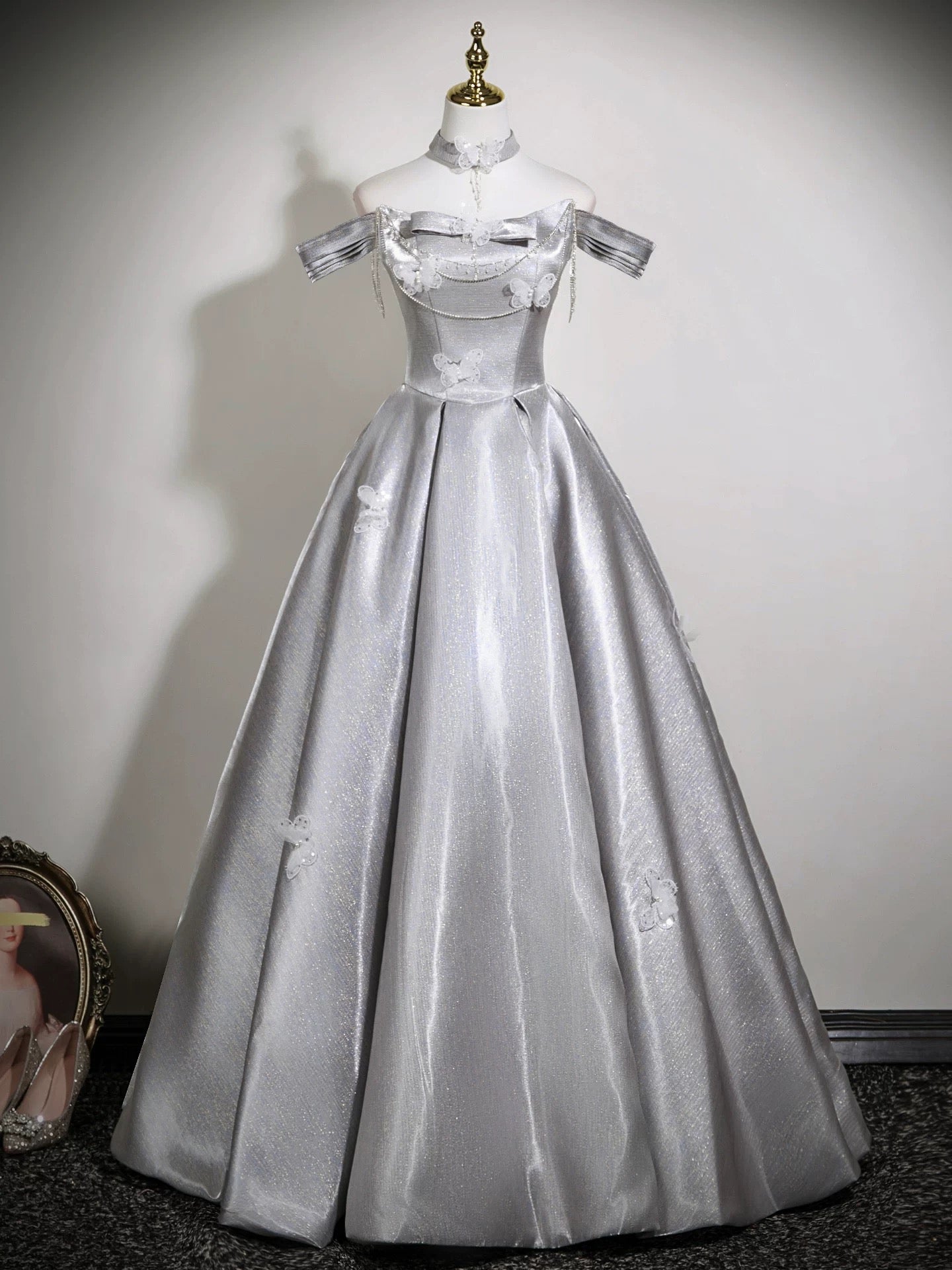 A-Line Off Shoulder Satin Gray Long Prom Dress, Gray Long Formal Dress dresstby A-Line Off Shoulder Satin Gray Long Prom Dress, Gray Long Formal Dress dresstby