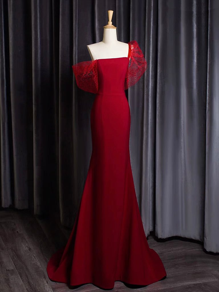 Mermaid One Shoulder Satin Tulle Burgundy Long Prom Dress dresstby Mermaid One Shoulder Satin Tulle Burgundy Long Prom Dress dresstby