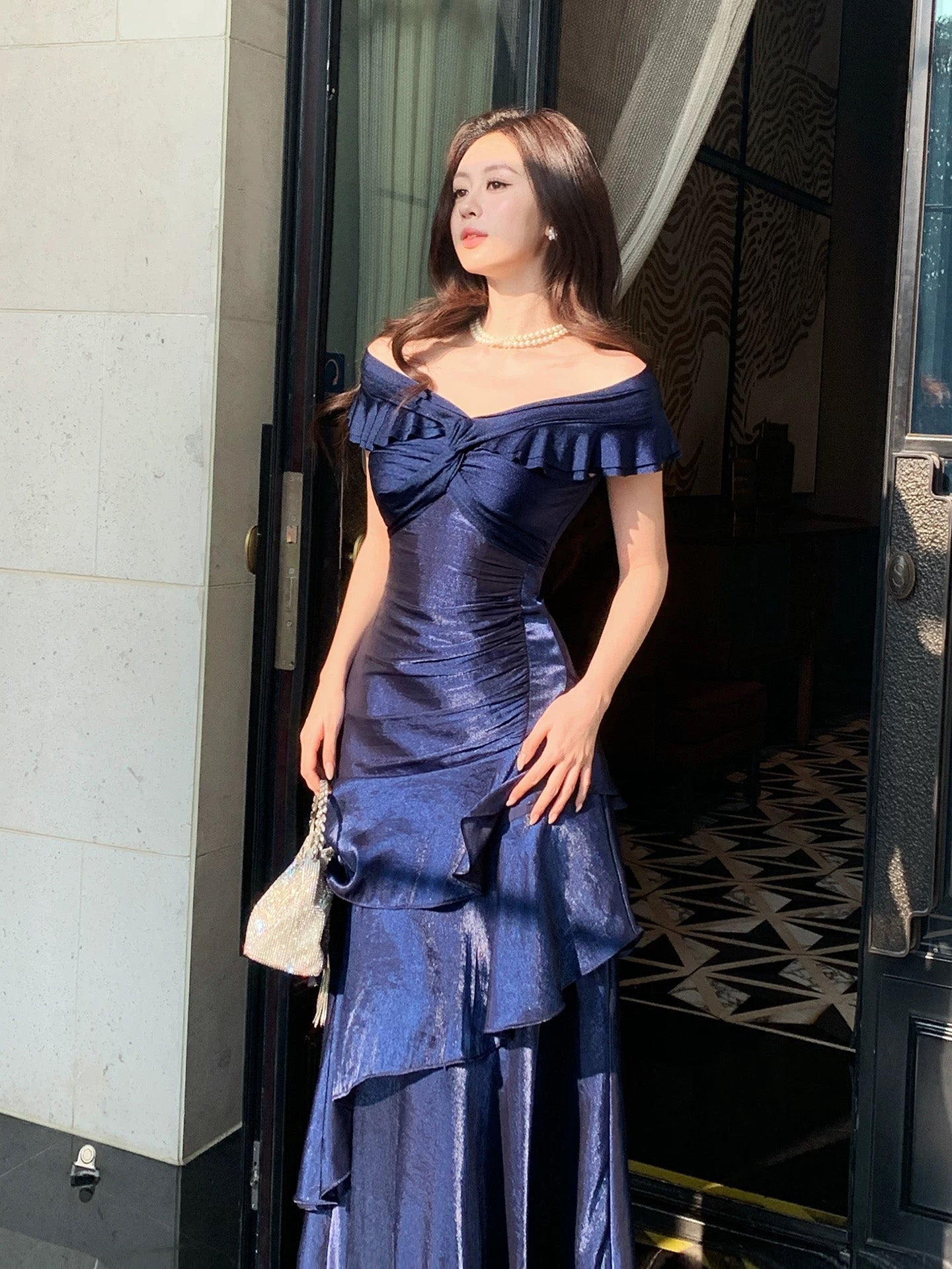 A-line Off Shoulder Off Shoulder Floor Length Dark Blue Prom Dress