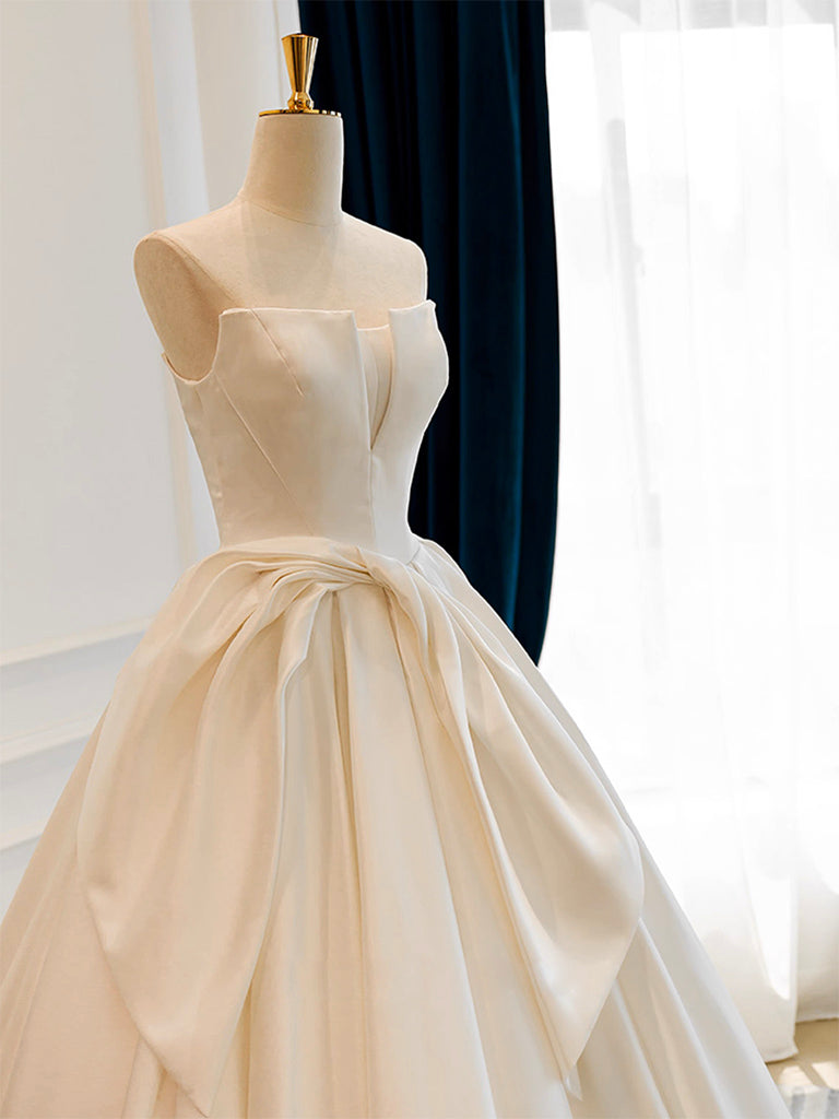 A-Line Off-the-shoulder Satin Sweep Train Light Champagne Long Prom Dress