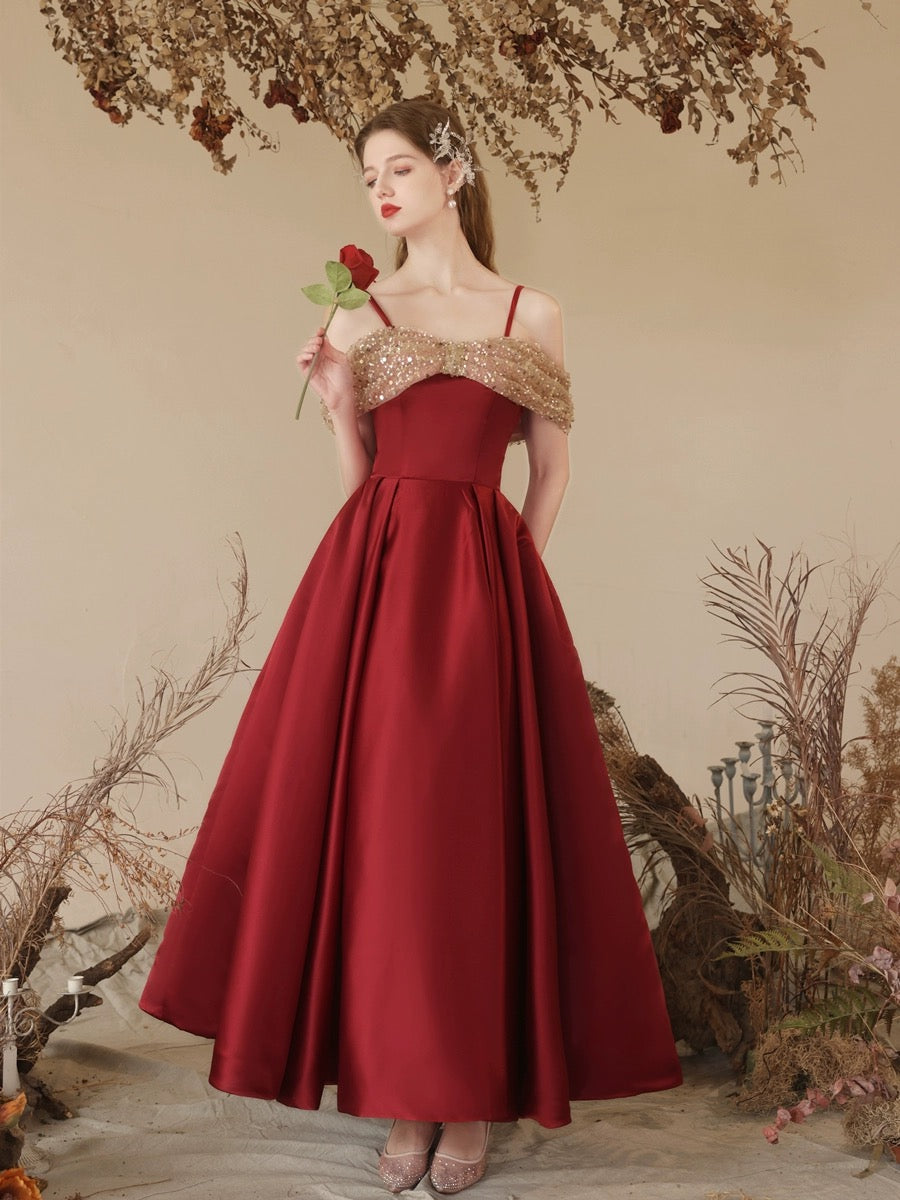 A-Line Off Shoulder Sweetheart Neck Tea Length Burgundy Prom Dress