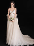 A-Line Light Champagne Tulle Beads Long Prom Dress, Light Champagne Evening Dress