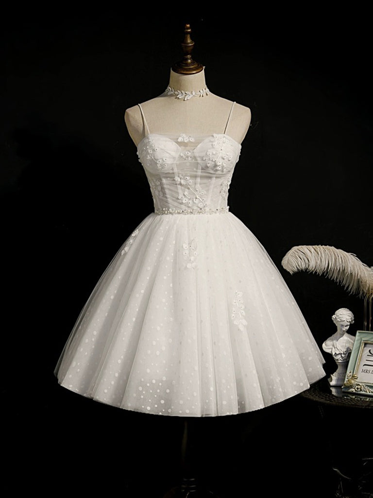 A-Line Sweetheart Neck Tulle Lace White Short Prom Dress, White Homeco dresstby A-Line Sweetheart Neck Tulle Lace White Short Prom Dress, White Homeco dresstby