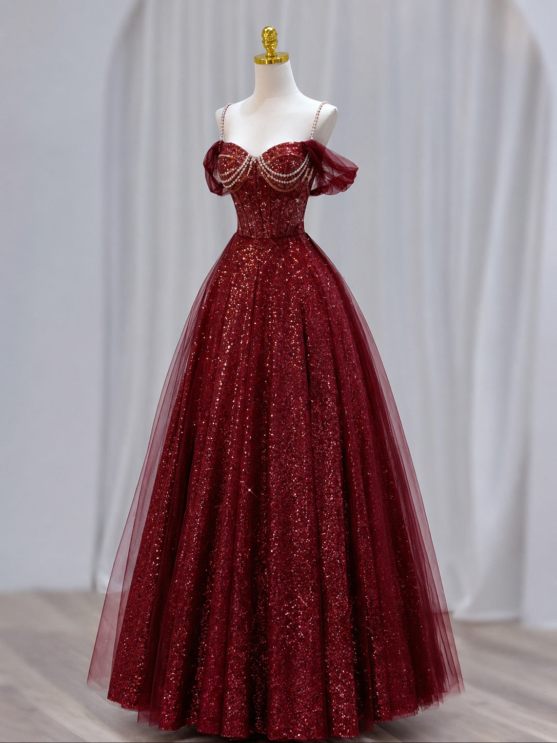 A-line Sweetheart Neck Tulle Sequin Burgundy Long Prom Dress with Bead