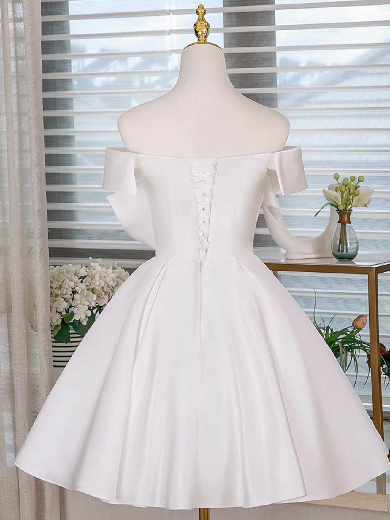 A-Line Satin White Short Prom Dress, White Homecoming Dress