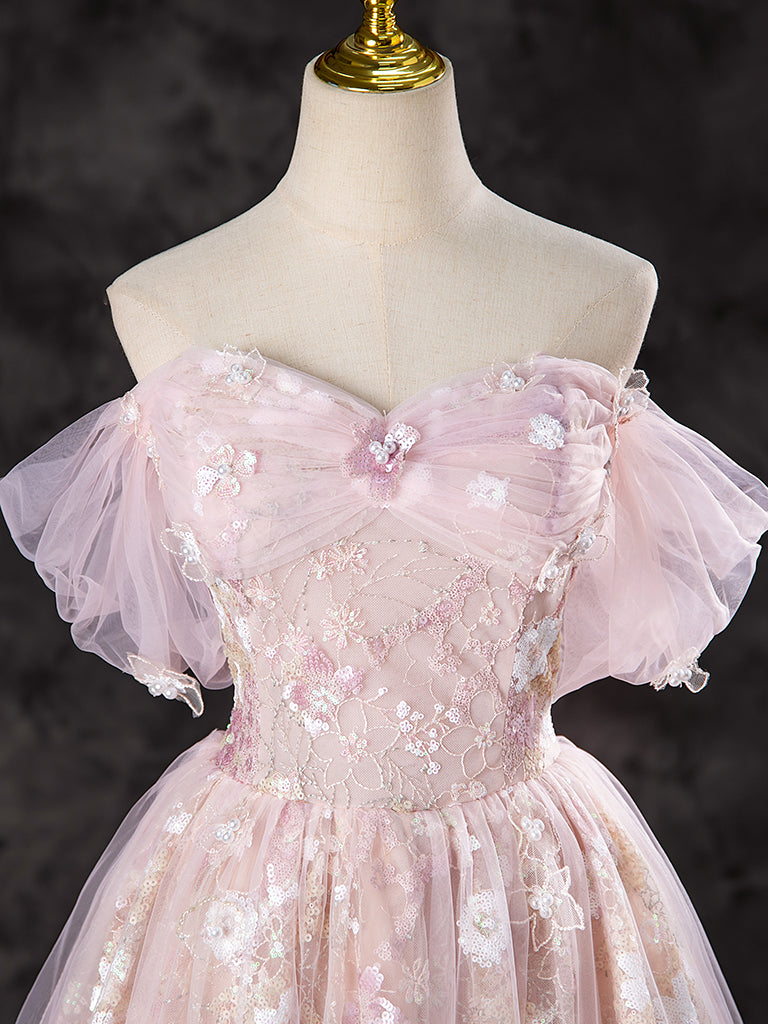 A-Line Off Shoulder Pink Long Prom Dress, Pink Sweet 16 Dress