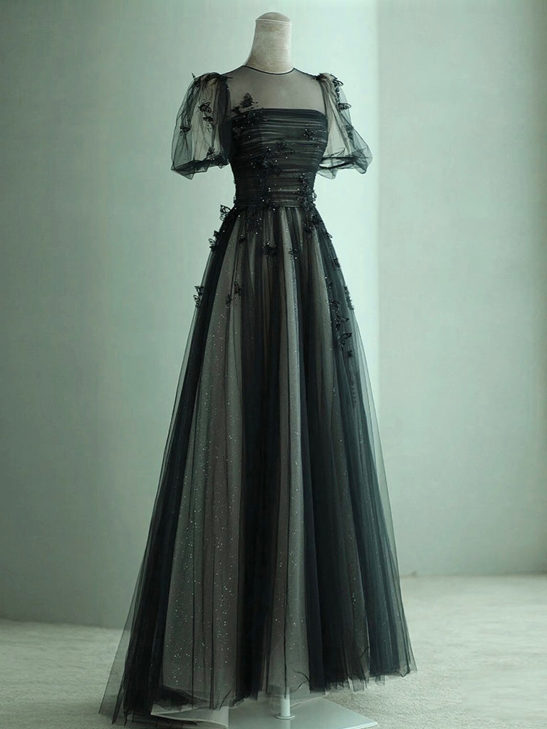 Black A-Line Tulle Butterfly Long Prom Dress, Black Long Evening Dress Black A-Line Tulle Butterfly Long Prom Dress, Black Long Evening Dress