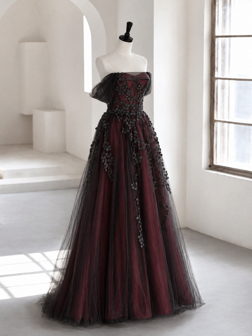 A-line Off Shoulder Tulle Lace Applique Black/Burgundy Long Prom Dress