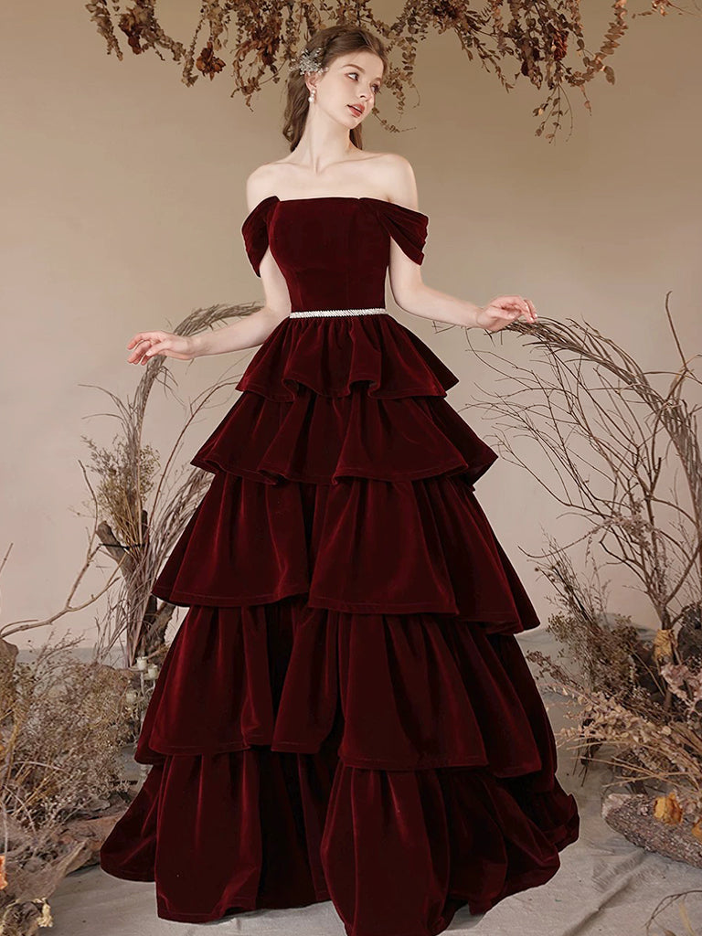 A-Line Off Shoulder Velvet Burgundy Long Prom Dress, Burgundy Long For dresstby A-Line Off Shoulder Velvet Burgundy Long Prom Dress, Burgundy Long For dresstby