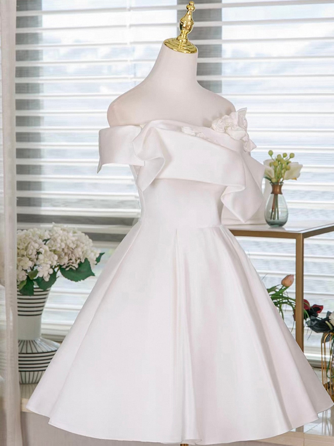 A-Line Satin White Short Prom Dress, White Homecoming Dress