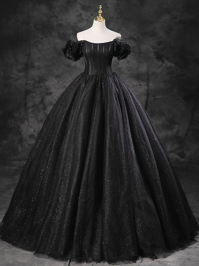 A-line Off Shoulder Tulle Black Long Prom Dress, Black Long Evening Go dresstby A-line Off Shoulder Tulle Black Long Prom Dress, Black Long Evening Go dresstby
