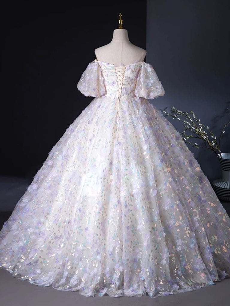 A-Line Sweetheart Neck Tulle Lace Light Purple Long Prom Dress, Purple Long Formal Dress