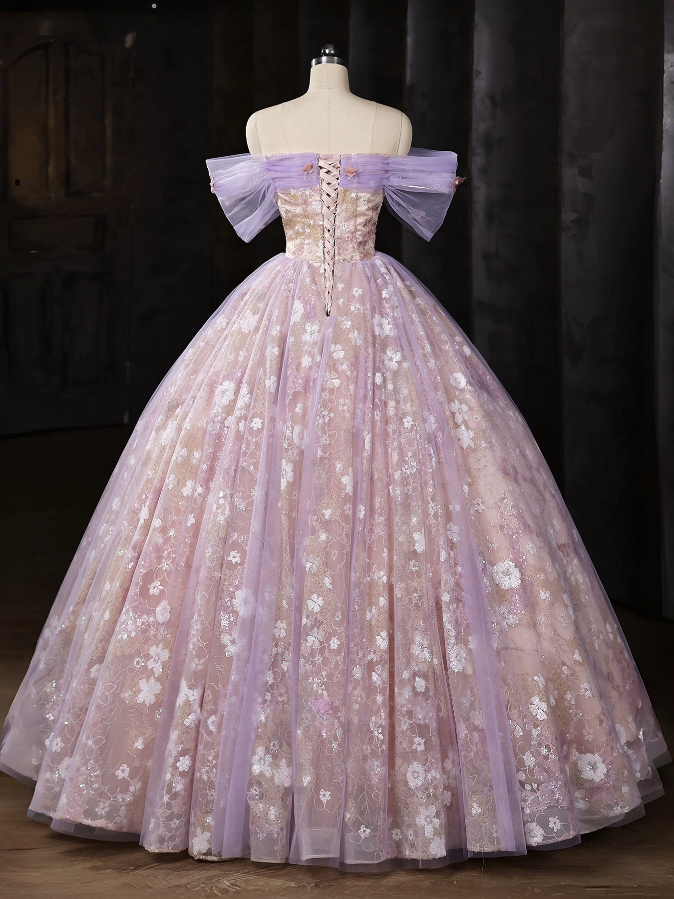 A-Line Sweetheart Off Shoulder Tulle Lace Purple Long Prom Dress