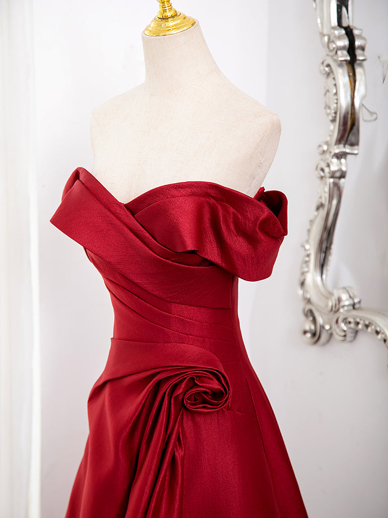 A-Line Off Shoulder Satin Burgundy Long Prom Dress