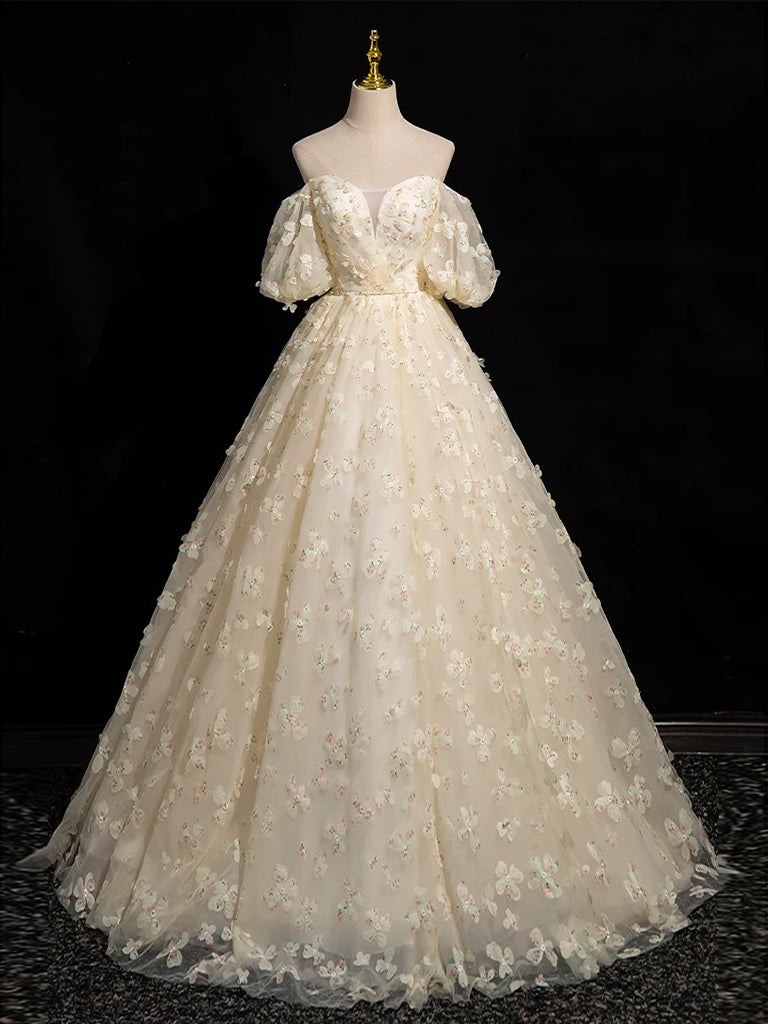 A-Line Puff sleeves Tulle Lace Champagne Long Prom Dress, Champagne Ev dresstby A-Line Puff sleeves Tulle Lace Champagne Long Prom Dress, Champagne Ev dresstby