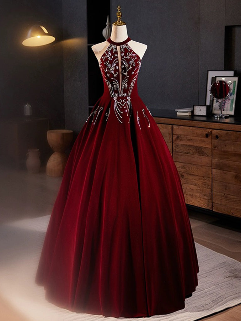 A-Line Velvet Sequin Burgundy Long Prom Dress, Burgundy Long Formal Dr dresstby A-Line Velvet Sequin Burgundy Long Prom Dress, Burgundy Long Formal Dr dresstby