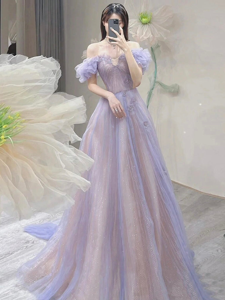 A-Line Off Shoulder Purple Tulle Long Prom Dress, Purple Formal Dress A-Line Off Shoulder Purple Tulle Long Prom Dress, Purple Formal Dress
