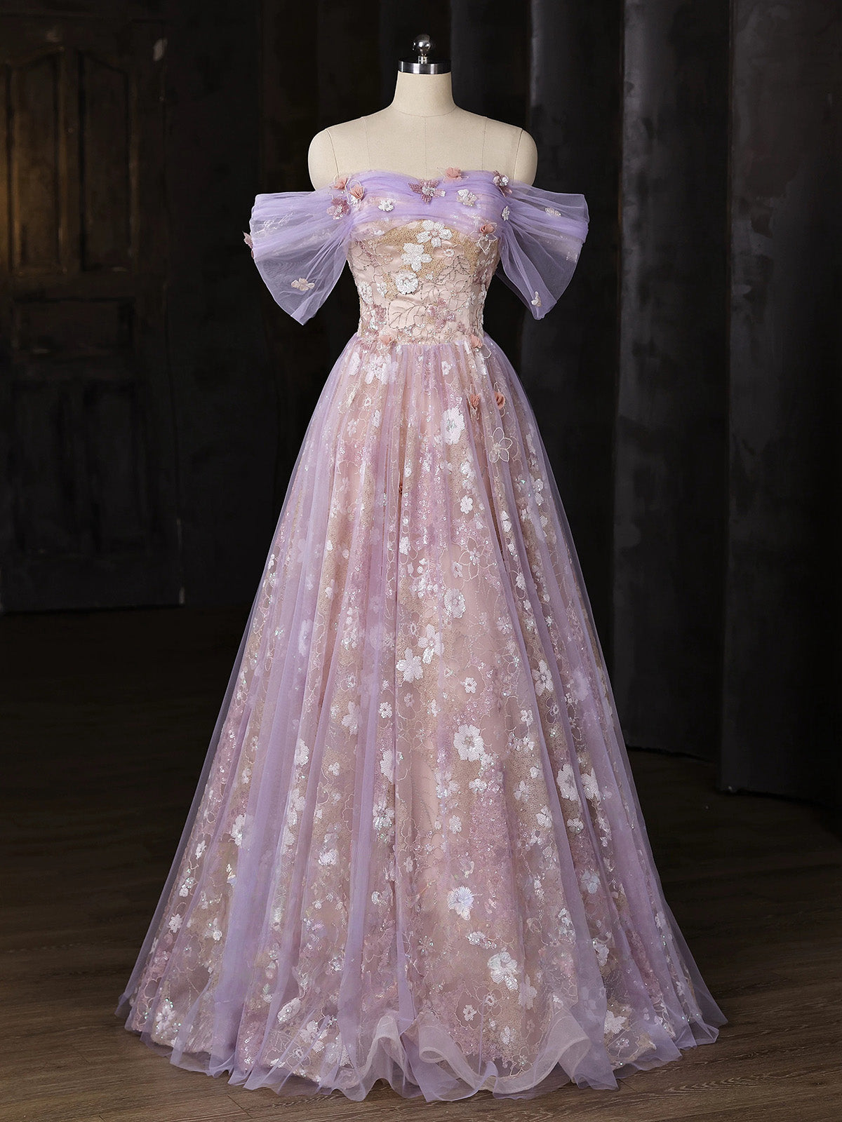 A-Line Sweetheart Off Shoulder Tulle Lace Purple Long Prom Dress