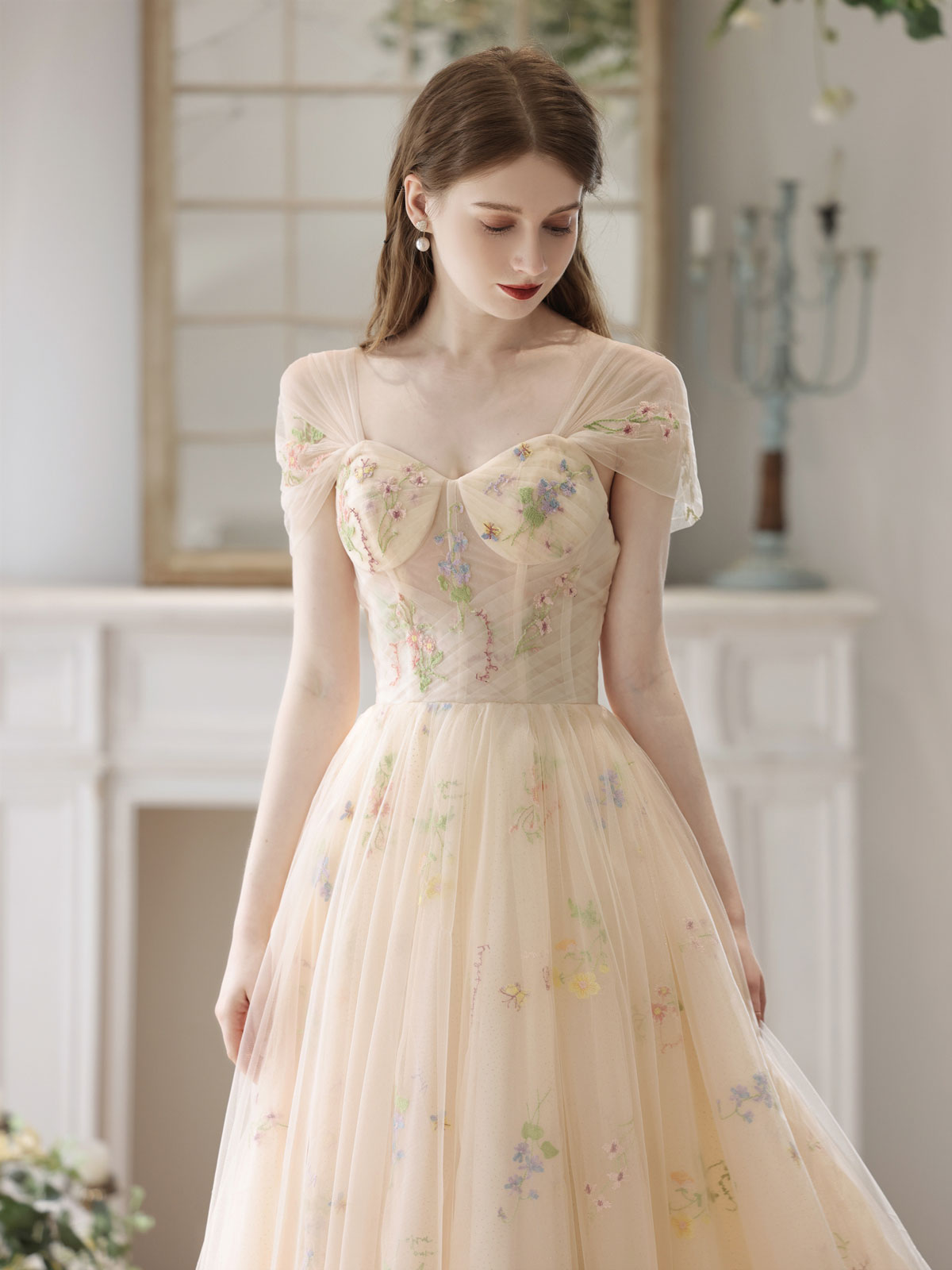 Champagne Tulle Lace Long Prom Dress, A-Line Lace Formal Dress