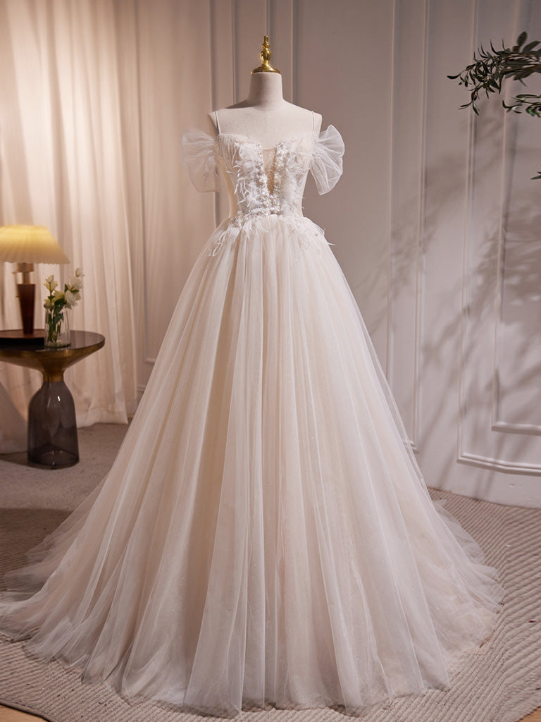 A-Line Champagne Lace Long Prom Dress, Champagne Formal Dress