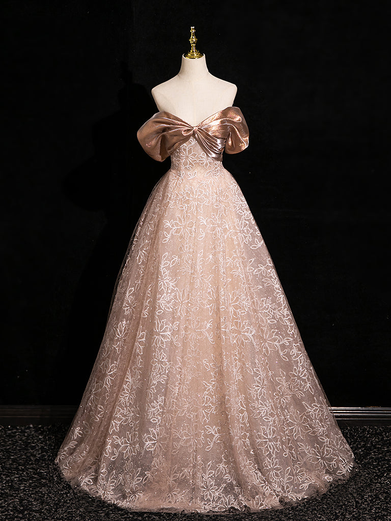 A-Line Off Shoulder Tulle Lace Pink Long Prom Dress, Pink Long Formal dresstby A-Line Off Shoulder Tulle Lace Pink Long Prom Dress, Pink Long Formal dresstby