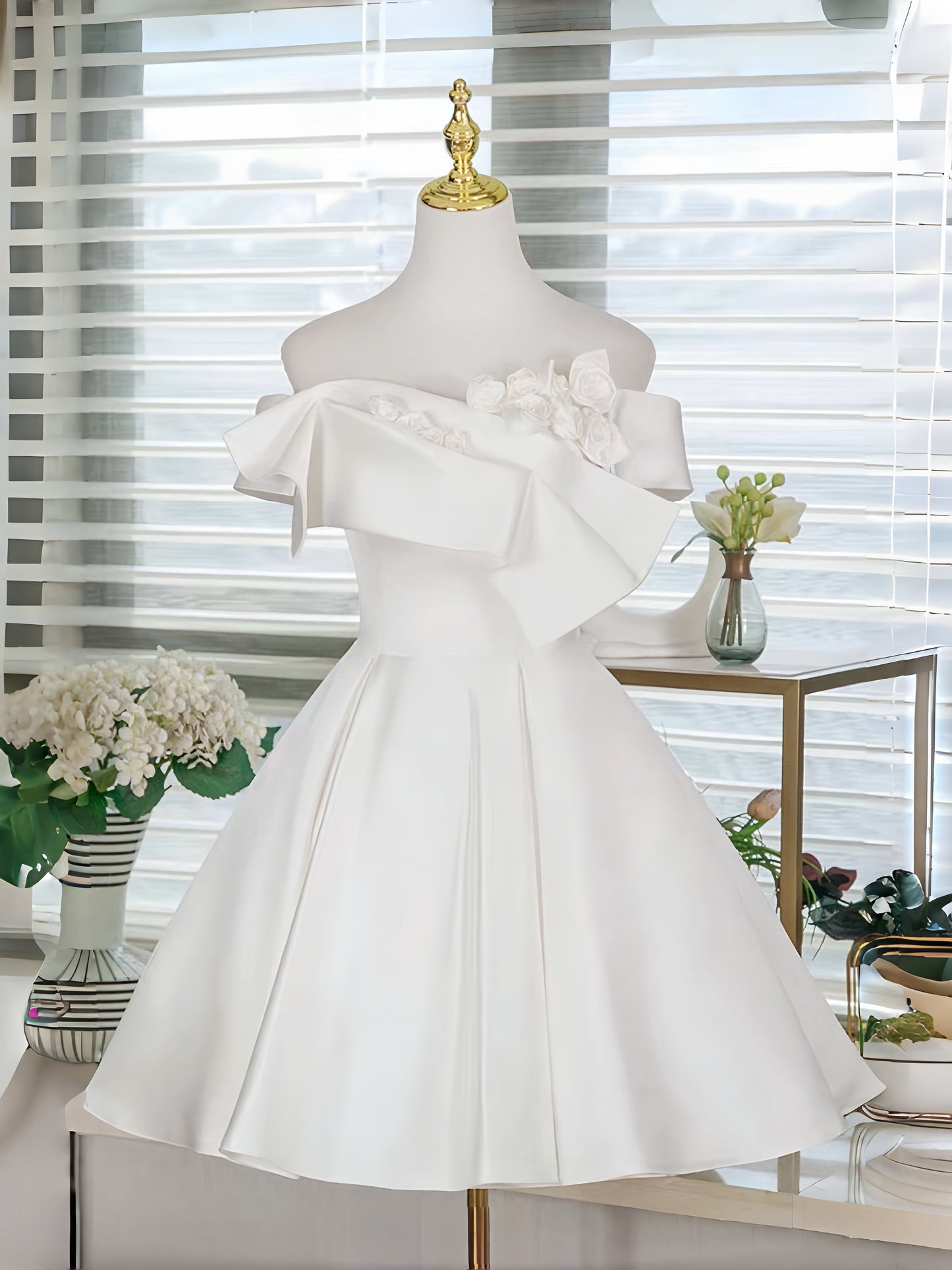 A-Line Satin White Short Prom Dress, White Homecoming Dress