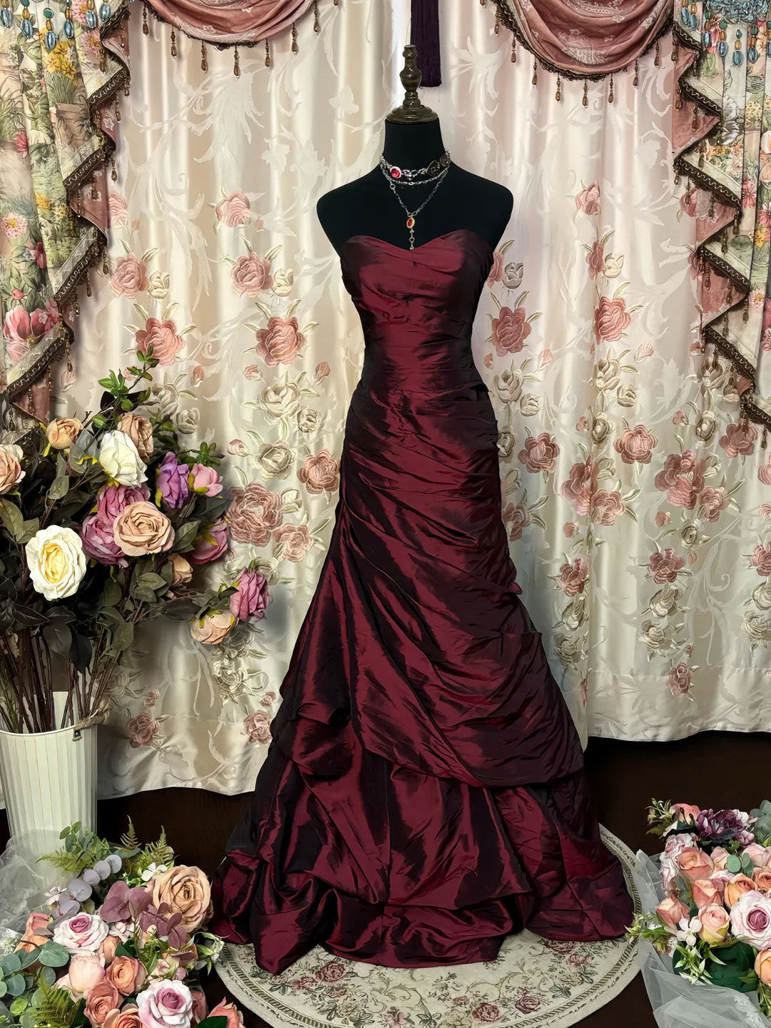 A-Line Sweetheart Taffeta Burgundy Long Prom Dress, Burgundy Formal Dress