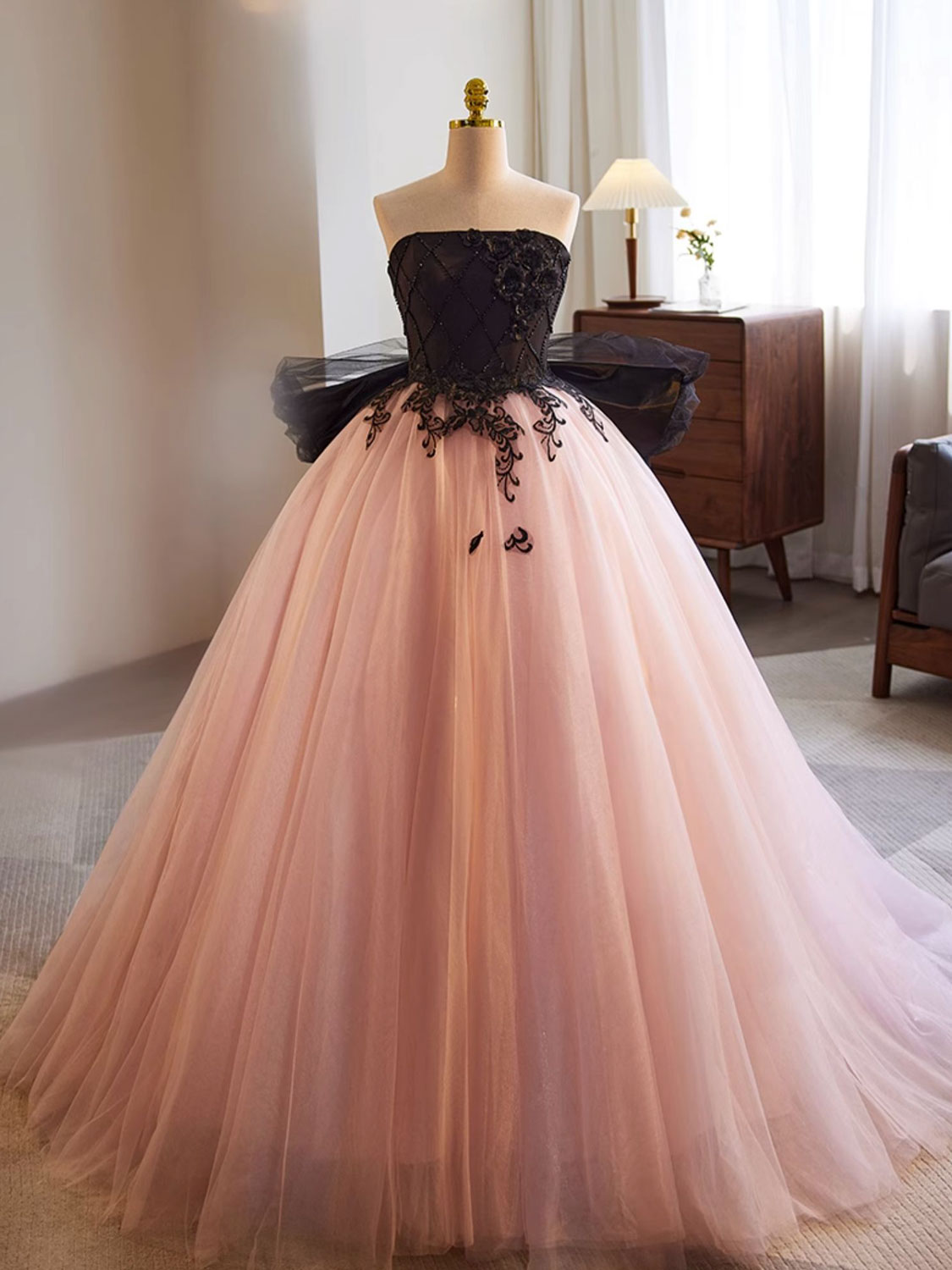 black lace and pink dress Pink & Black Lace Detail Bustier Midi Dress