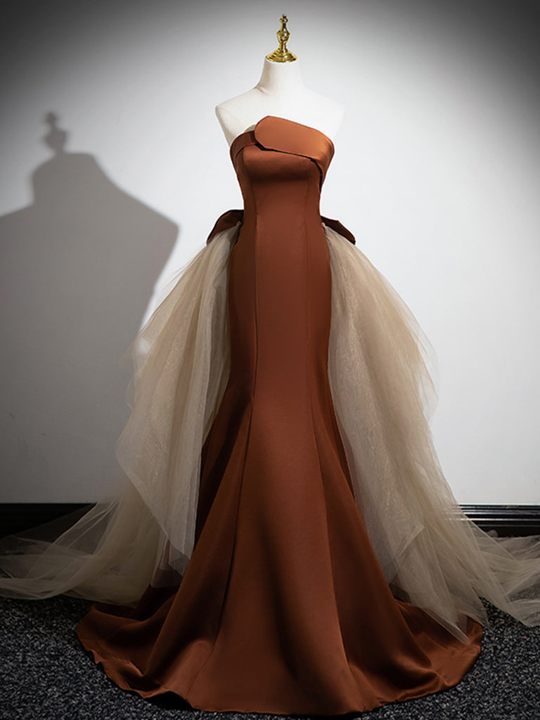 Brown Mermaid Satin Tulle Long Prom Dress, Brown Long Evening Dress dresstby Brown Mermaid Satin Tulle Long Prom Dress, Brown Long Evening Dress dresstby