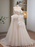 A-Line Sweetheart Neck Tulle Sequin Light Champagne Long Prom Dress with Beads