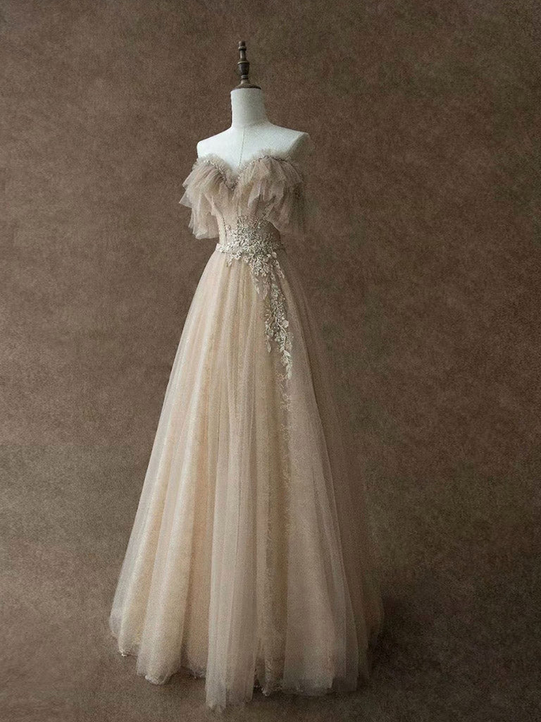 A-Line Champagne Tulle Lace Long Prom Dress, Champagne Formal Evening Dress