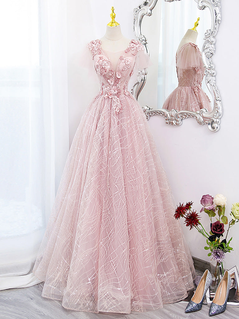 A-Line Tulle Lace Applique Pink Long Prom Dress, Pink Lace Sweet 16 Dr dresstby A-Line Tulle Lace Applique Pink Long Prom Dress, Pink Lace Sweet 16 Dr dresstby