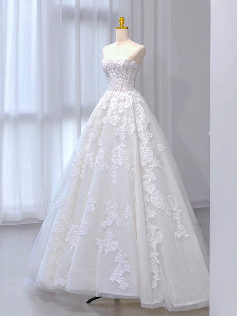 A-Line Tulle Lace ivory Long Prom Dress, ivory Long Formal Dress