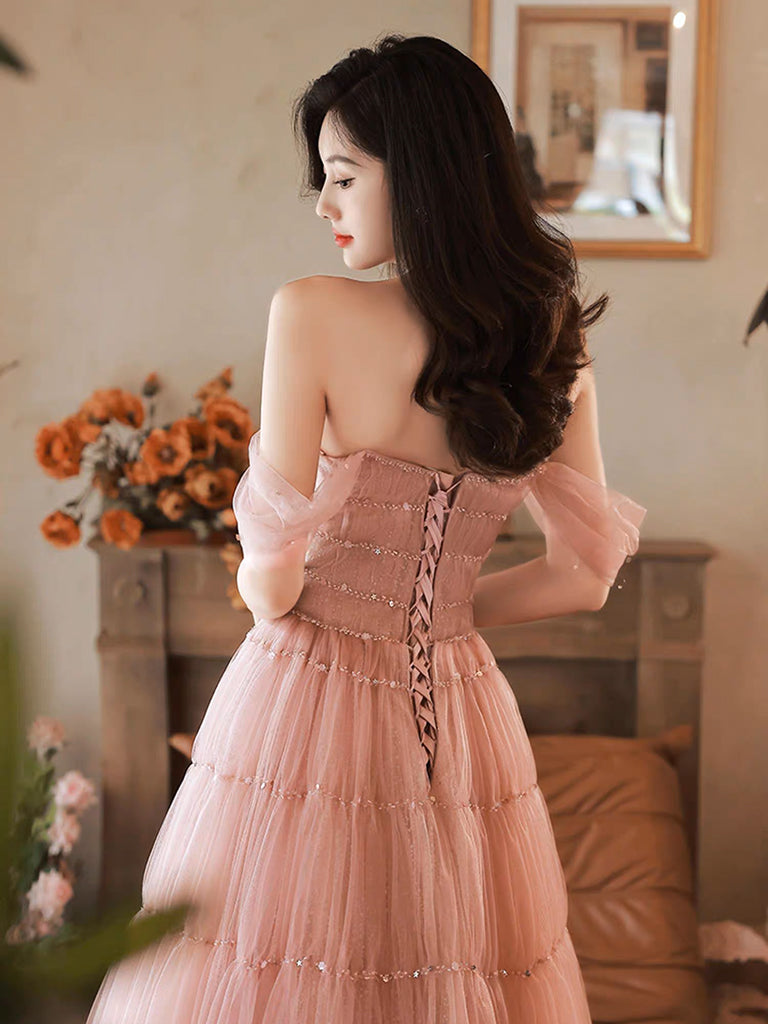A-Line Pink Off Shoulder Long Prom Dress, Pink Long Formal Dress